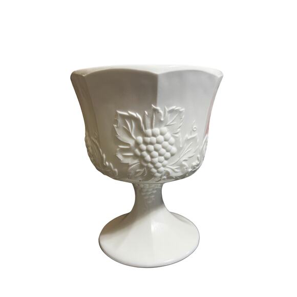 VTG White Milk Glass Pedestal Candy Dish Grapes And Vines Compote Dish - Picture 1 of 3